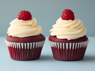 Two Red Velvet Cupcakes with Cream Cheese Frosting and Fresh Raspberries