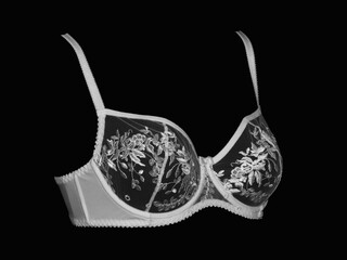 White lace women's fashion bra on a black background.