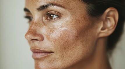 Close-up of a 40-year-old Hispanic woman with hyperpigmentation Dark patches, uneven skin tone, and discoloration