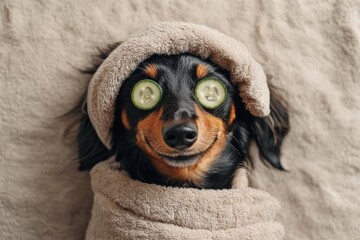 Dachshund dog relaxing with beauty mask and cucumber slices during spa procedures