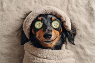 Fotobehang Dachshund dog relaxing with beauty mask and cucumber slices during spa procedures © Jovicic