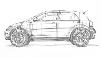 Sketch of a Modern SUV, Side View, Detailed Outline Drawing