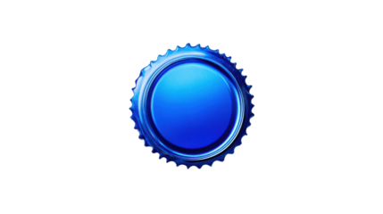 Shiny blue bottle cap on transparent background, close-up view