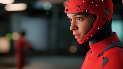 A focused individual wearing a red motion capture suit and helmet, set in a futuristic environment with soft lighting.