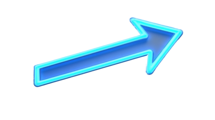 Diagonal blue neon arrow pointing up right on transparent background