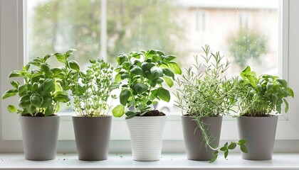 Fototapeta premium Basil, thyme, oregano and rosemary on windowsill