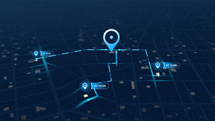 Futuristic city map with GPS navigation route, multiple location markers, arrival times. Urban landscape with paths and destination pins. Vector illustration for navigation tracking