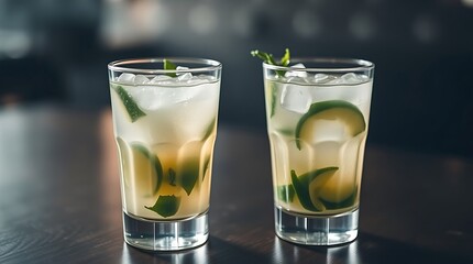 Fototapeta premium Close-up view of mojito cocktail in glasses on dark wooden table, cocktail drinks concept
