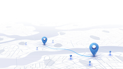 Minimalist 3D city map with GPS navigation route and destination pins. Abstract urban landscape blue tones, showing a planned travel path across river. Travel concepts. Vector illustration