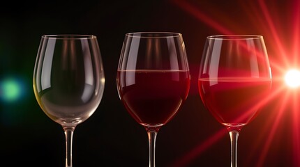 A glass of red wine is next to two glasses of wine.