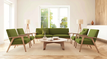 Modern Scandinavian living room interior with a green sofa, armchairs, and wooden furniture near a window. Cozy home design featuring a beige wall, parquet flooring, a stylish coffee table, and soft l