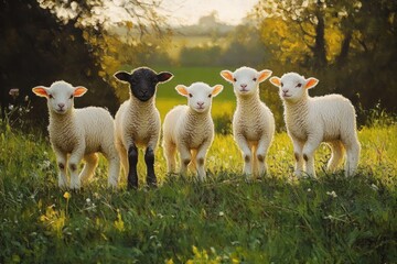 Lambs in a Lush Green Field at Golden Hour