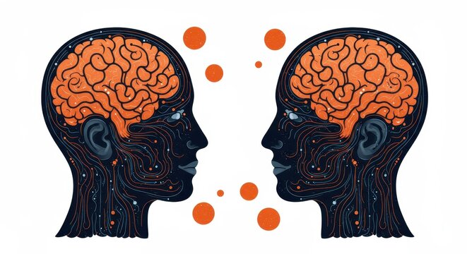 A flat illustration of two human profiles facing each other symbolizing deep intellectual or emotional connection