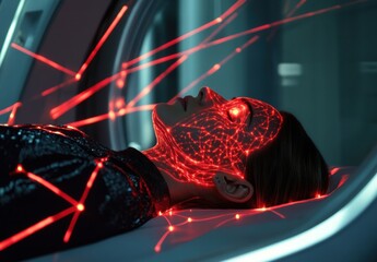 A woman is laying on a bed with red lines on her face