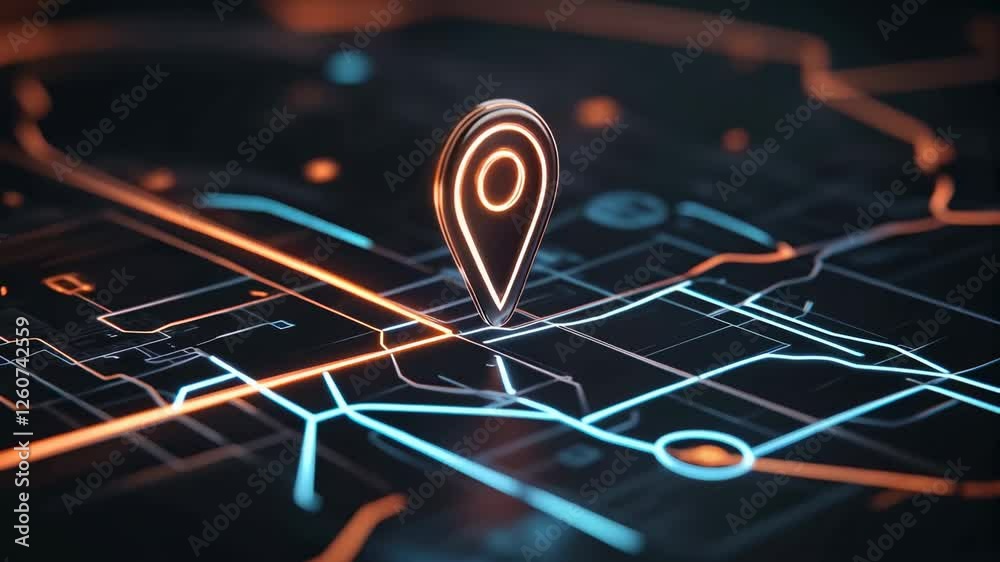 Aufkleber Location pin glowing and pulsating on digital map with intricate circuit board texture, revealing precise geolocation tracking through advanced technological visualization in smooth slow motion