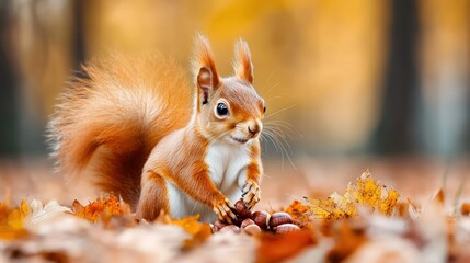 Autumn Squirrel Gathering Nuts in Forest