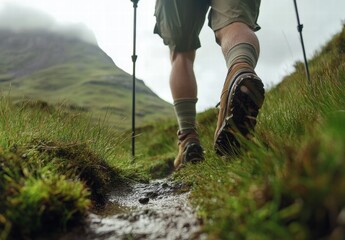 A man is walking on a grassy hillside with a stream running through it