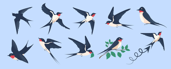 Swallows soaring through the sky symbolizing the joy of spring and the beauty of migration in flat design