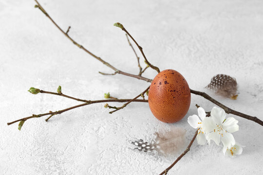 Still-life of three brown chicken eggs and a twig on a whote surface.