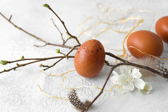 Still-life of three brown chicken eggs and a twig on a whote surface.