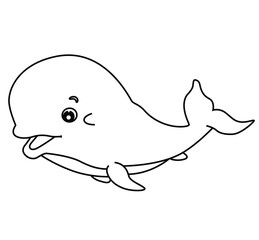 Cute cartoon hand drawn vector  funny baby Dolphin coloring page.