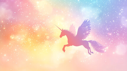 Fototapeta premium Whimsical pastel sky with a winged unicorn silhouette, sparkling stars, and a dreamy rainbow background