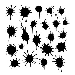 Set of Ink Splatter Vector Illustration. A versatile vector illustration featuring a collection of black ink splatters of various shapes and sizes.