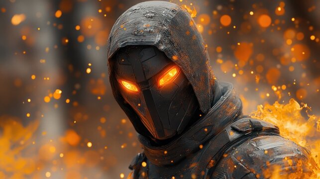 Futuristic Samurai Warrior on Battlefield with High-Tech Armor and Glowing Eyes - Powered by Adobe