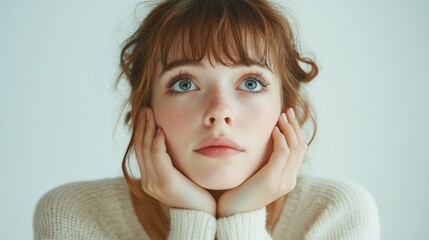 A young woman with expressive eyes gazes upwards, embodying a thoughtful and contemplative mood against a neutral backdrop, suggesting a moment of introspection or wonder.