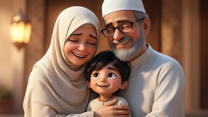 Grandparents and Grandchild in a Heartfelt Eid Hug 