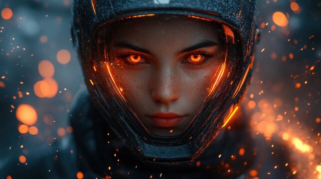 Futuristic Cyberpunk Samurai Warrior Battling with Sword in Flames