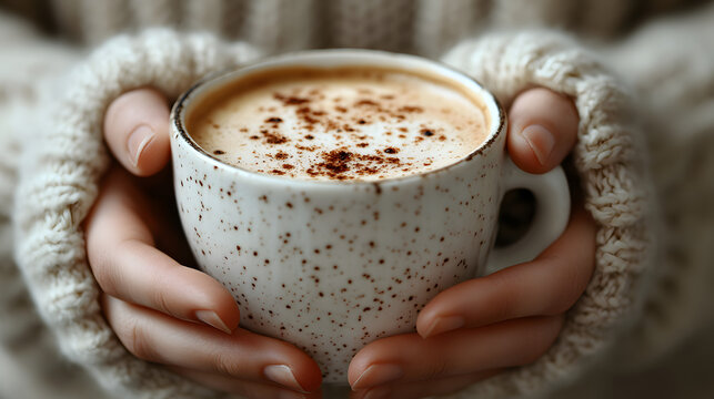 Cozy woman’s hands wrapped around a warm coffee cup in winter