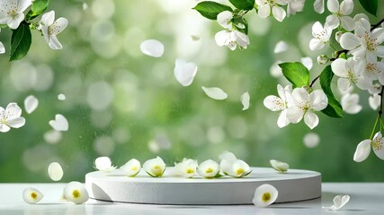 White spring podium showcasing beauty products amidst a shower of falling flowers petals, creating a romantic and luxurious atmosphere green background video 4k