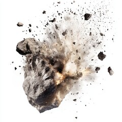 Explosive rock fragment bursting apart isolate on white background