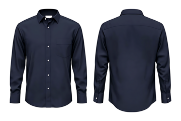 navy blue formal shirt front and back mockup isolated on transparent and white background