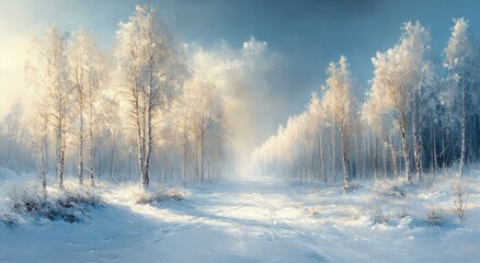 Winter Landscape with Ethereal White Trees and Soft Pastel Colors in Impressionist Style