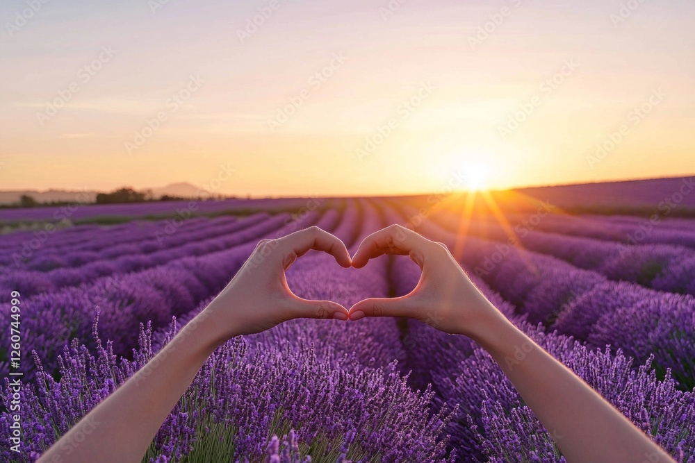 Poster two hands elegantly shape a heart as they rest in a lush lavender field, capturing the golden hues o
