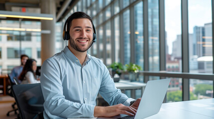 Fototapeta premium A cheerful man with short dark hair and a neatly trimmed beard posing in a business environment