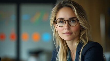 Professional woman in modern office setting, focused on work with colorful background elements