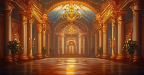 Obraz premium Luxurious Grand Hallway in Opulent Palace with Floral Patterns Chandelier Elegant Pillars Interior Design