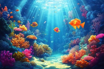 Naklejka premium Underwater Coral Reef Illustration with Tropical Fish and Sunlight