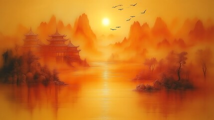 Fototapeta premium Golden Sunset Over Asian Temple And Mountains