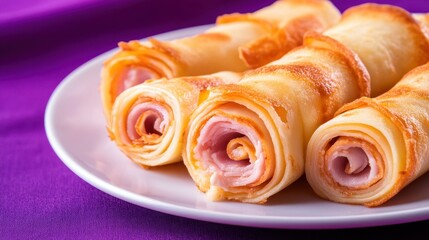 Obraz premium Four rolled crepes filled with ham and cheese are presented on a white plate against a vibrant purple background