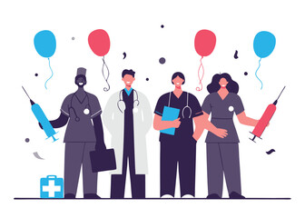 Happy Labor Day. Medical Workers Celebrate with Stethoscopes team party staff   