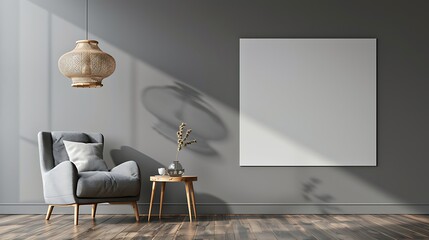 Modern gray living room with armchair, side table, hanging lamp, and blank wall. Ideal for design presentation.