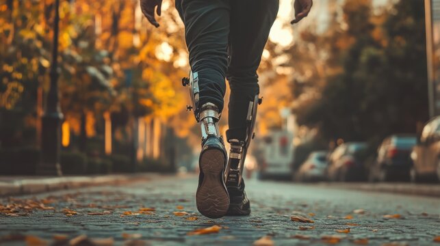 Person learn walk with modern prosthetic leg. Technology and functionality. Resilience, adaptability. Health, innovation, rehabilitation. Man with artificial leg, prosthesis, guy stroll park.