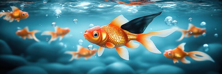 Naklejka premium Brave Goldfish with Shark Fin Costume Leading Goldfish Team Through Challenging Waters