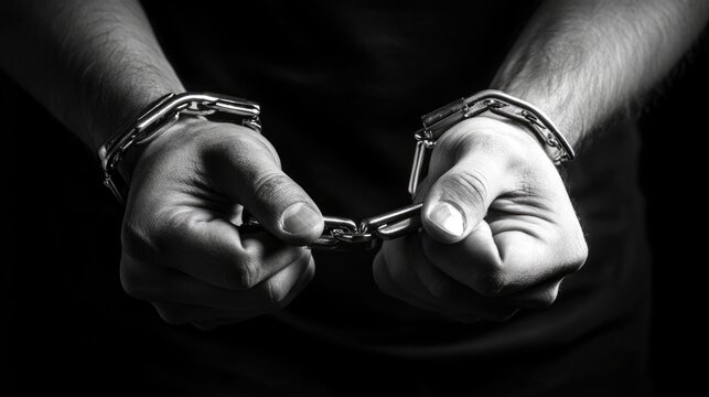 Hands in metal handcuffs close-up. Prisoner in shackles black background.