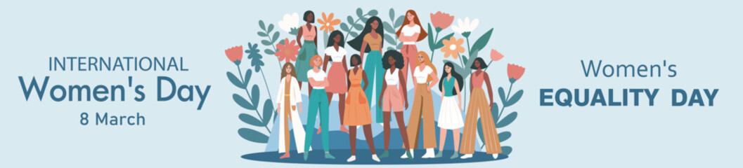 Obraz premium Women's Day. Equality Day. March 8. Women of different cultures and skin colors stand together against a background of flowers, fighting for gender equality and empowerment. Vector illustration