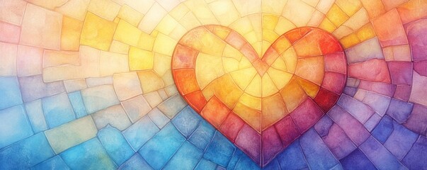 Fototapeta premium A vibrant stained glass-inspired heart mosaic with warm and cool tones, creating a beautiful abstract design symbolizing love, unity, and harmony. 
